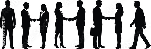 et of full length business people silhouettes illustrating teamwork, handshake agreements, professional corporate workers standing and walking, diverse career concept vector