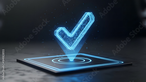 Checkmark icon glowing blue hologram on a dark background, concept of success completion approval validation confirmation acceptance and quality control