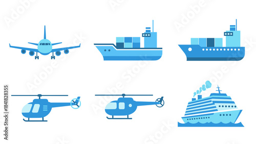 Collection of blue transportation icons featuring planes, ships, helicopters, and cruise vessels.