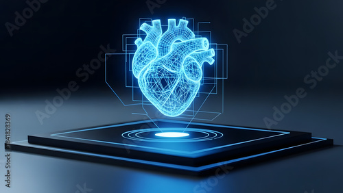 A glowing blue wireframe human heart organ is rendered as a hologram above a sleek, dark technological platform, featuring intricate circuit board designs and illuminated neon elements