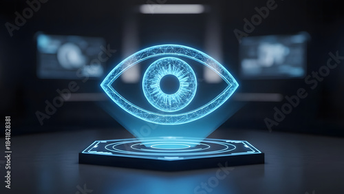 Eye icon glowing blue hologram with digital lines, biometric scanning and facial recognition concept for cybersecurity identity verification and surveillance