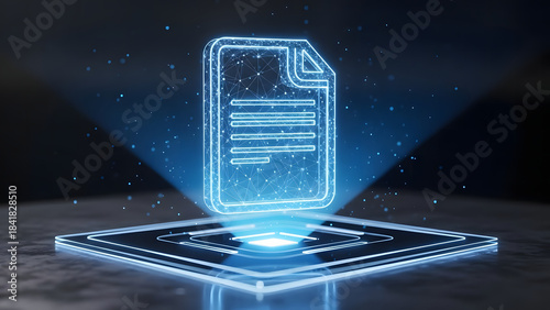 Hologram document icon 3d rendering is displayed on a sleek black platform, symbolizing digital data, secure information, and advanced technology with a futuristic design