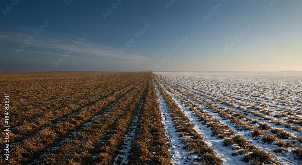 Obraz premium Dramatic landscape where winter transitions into spring at the distant horizon, showcasing the continuous cycle and passage of time in nature, distant, scenic, outdoors