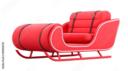 Red sleigh with cushioned seat, white trim, and black straps, isolated on transparent background, evokes festive and cheerful holiday spirit, perfect for Christmas or winter decoration