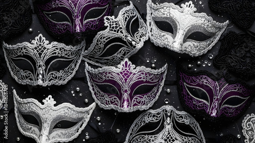 A collection of ornate venetian carnival masks in various patterns including purple, white, and black lace, scattered on a dark background with sparkling beads and pearls