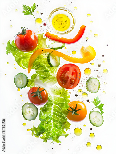 Fresh vegetable salad composition with lettuce, tomatoes, and cucumber for healthy eating inspiration