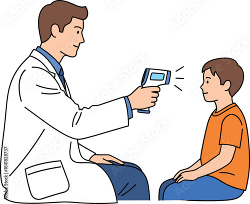 Male doctor measuring boy's temperature using a non-contact infrared thermometer, medical examination of a child during health checkup, fever screening for infectious isolated vector.