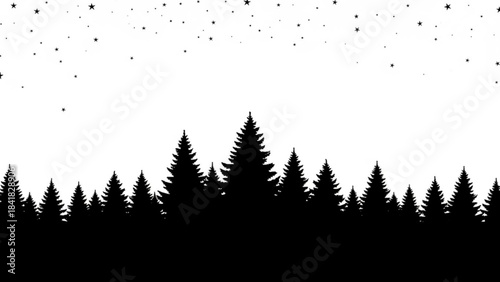 Black silhouette of pine trees against a starry night sky with a