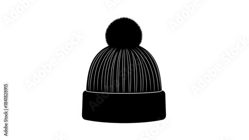 Black knit beanie hat with pom pom on top isolated on
