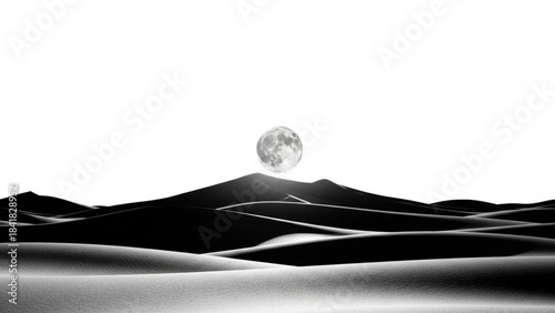 Black and white desert landscape with moon rising over sand dunes isolated on