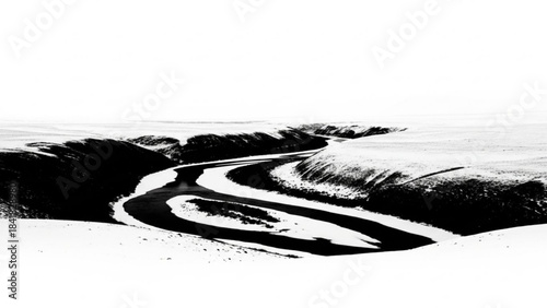 A black and white landscape with a winding river through a barren terrain