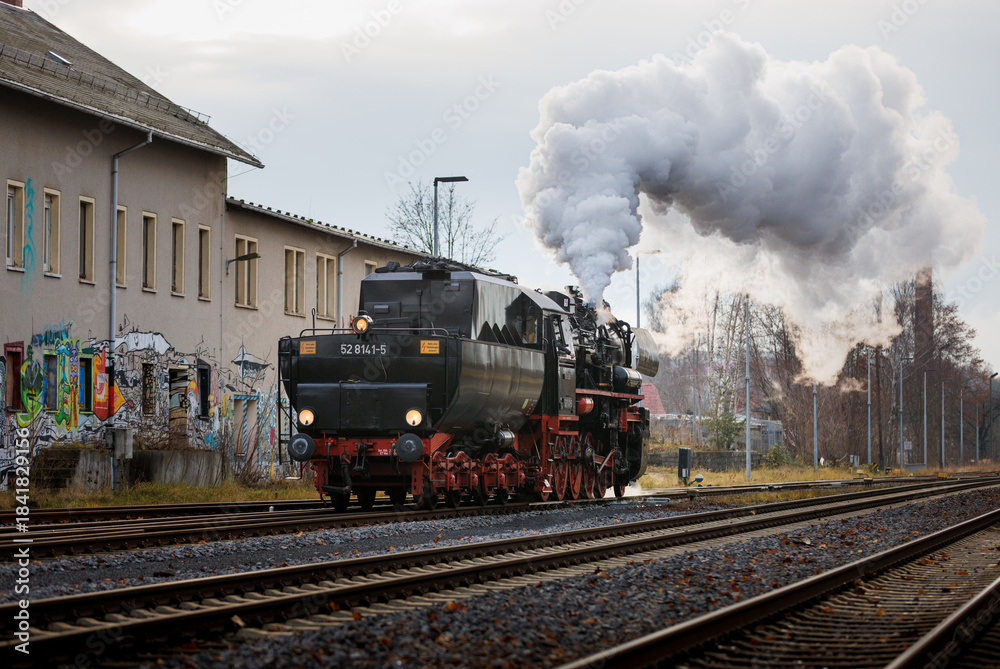 Fototapeta premium old steam train Dampflok with a lot of steam in saxony bischofswerda 528141-5 Dampflok