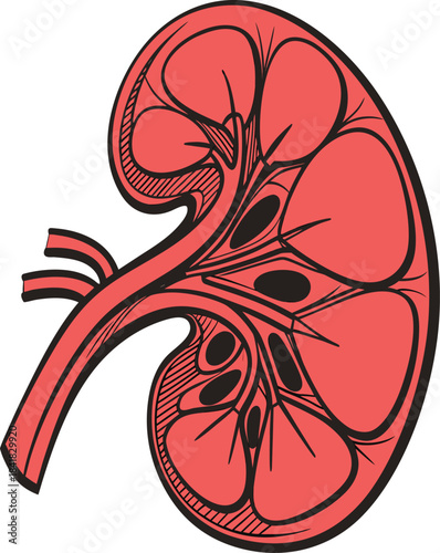Stylized Cartoonish of a Human Kidney with Vessels organ medical vector illustration EPS file download.
