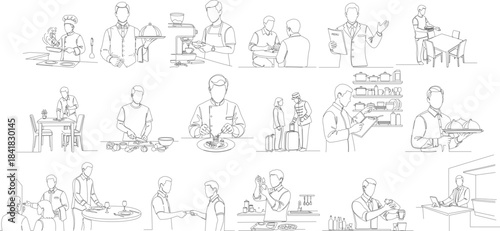 Simple Line Drawing Business People in Action Office Environment Illustration