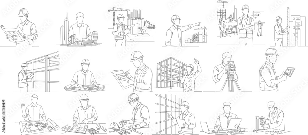 Fototapeta premium Line Art Diverse Professions and Occupations Group of People Illustration