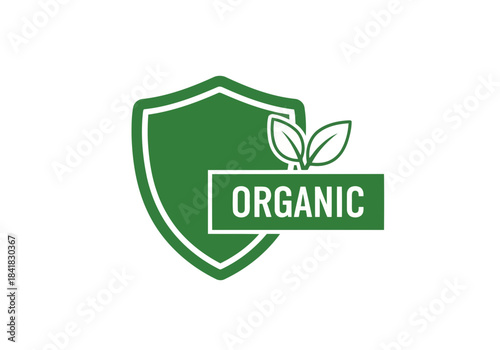 Green shield icon with leaves and text organic symbol for natural healthy and safe food products