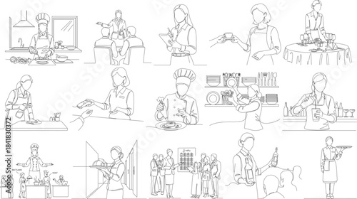 Minimalist Lineart Chef Cooking Food Preparation and Culinary Activity Illustration