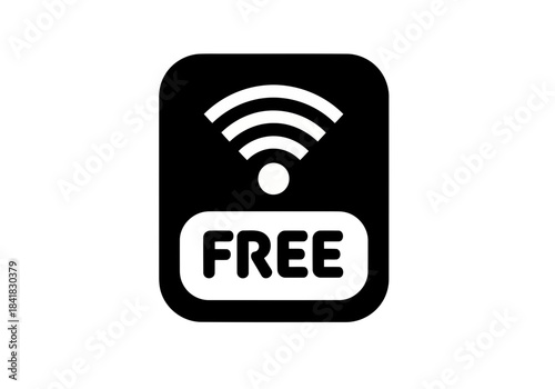 Black and white icon representing free wireless internet access wifi symbol with the word free inside a rounded rectangle on a dark square background