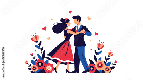 An elegant couple dancing gracefully surrounded by vibrant flowers and floating hearts, celebrating love and romance in a beautiful illustration.