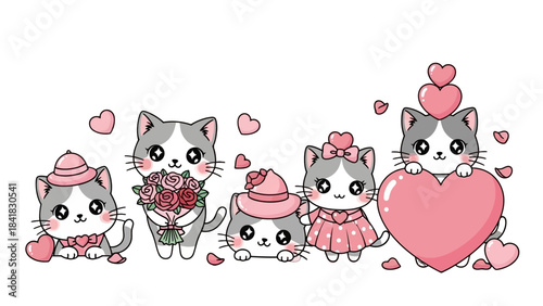 Five adorable cartoon cats celebrating love with hearts and flowers in a cute illustration.