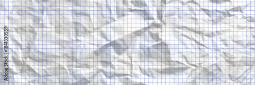 Crumpled texture of White blank blue checkered paper notebook sheet with grid, crease effect. note page mock up