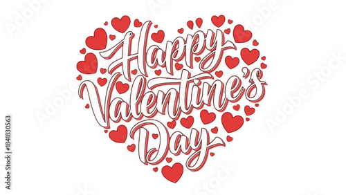 A festive illustration featuring a large heart shape composed of numerous small red hearts, with the white script text "Happy Valentine's Day" centered inside, on a clean white background.