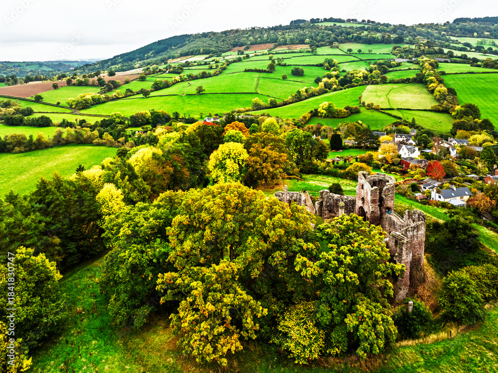 Obraz premium Autumn Colours over ruins of Grosmont Castle from a drone, Grosmont, Monmouthshire, Wales, UK 