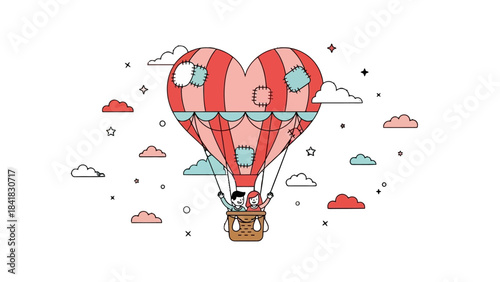 A couple in a heart-shaped hot air balloon floats through the sky surrounded by clouds and stars.