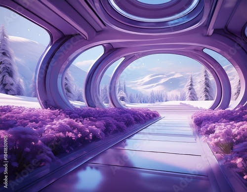 futuristic corridor with purple flowers and snowy landscape view