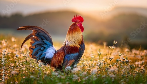 rooster in field colorful tail feathers peaceful scene nature background stock photo