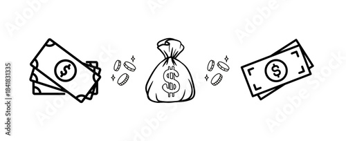 Trendy Money Icons Set - Bills, Bag and Coins - on Transparent Background Illustration Vector. Money bills, money bag and coins in a clean icon set - great for business apps, financial posts, websites