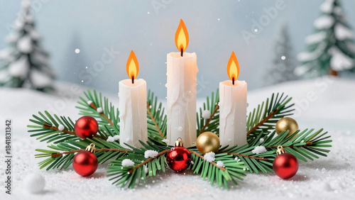 Zum Advent brennen drei Kerzen zwischen Tannenzweigen und Christbaumkugeln im Schnee
