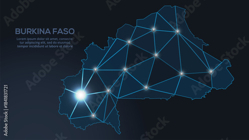 Geometric low-poly vector depiction of Burkina-faso, showing illuminated cities and population clusters as sparkling dots and space-inspired stars. digital communication network
