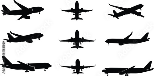 Airplane silhouette set, landing gear views, commercial jet icons, black vector aircraft, front side angles, aviation transport graphic