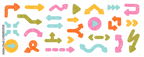 Chalk pencil arrows doodle set. Charcoal childish scribble direction pointers in sketch style. Crayon and Grunge texture. Hand drawn vector illustration isolated on white background