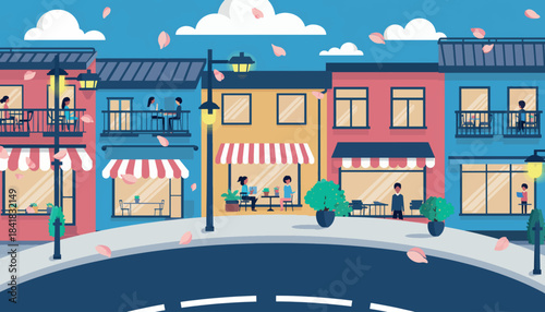 A charming cartoon illustration of a bustling street with colorful shops, cafes, and people, featuring falling pink petals.