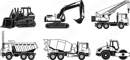 Hand drawn sketch of construction vehicles, bulldozer, excavator, crane, dump truck, cement mixer, road roller, engineering illustration