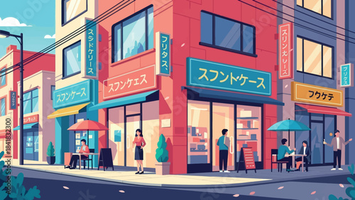 Vibrant street life illustration capturing a bustling Asian city corner with charming cafes, unique shops, and people enjoying an afternoon walk, depicting modern urban energy