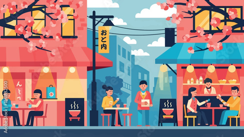Vibrant city street scene with people dining at outdoor cafes under blooming trees