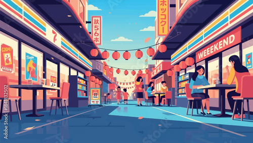 Vibrant street scene in a Japanese town with people enjoying food and shopping