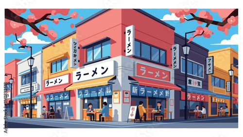Vibrant illustration of a bustling Japanese street with charming ramen restaurants, where people enjoy meals amidst beautiful pink cherry blossoms, capturing a lively urban culinary atmosphere