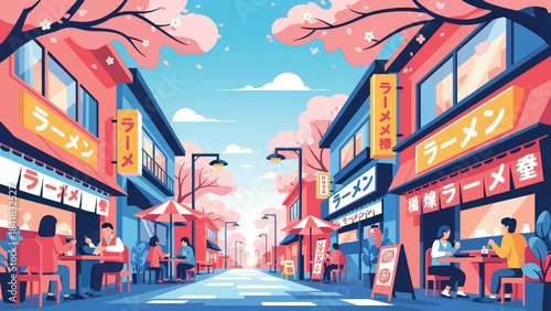 Vibrant Japanese street scene with traditional ramen shops under a canopy of blooming cherry blossom trees