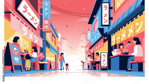 Vibrant illustration of a lively Asian street market bustling with people enjoying delicious ramen under cherry blossoms, capturing the essence of local food culture and urban life