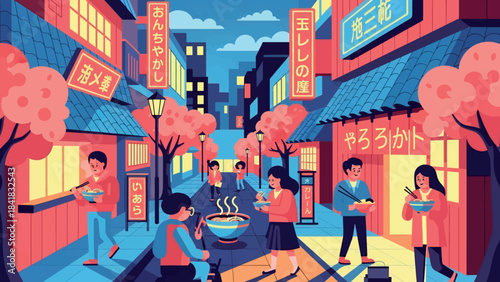 Vibrant Japanese Night Street Scene Illustration with People Enjoying Ramen and Street Food Under Cherry Blossom Trees, Capturing Urban Lifestyle and Culture