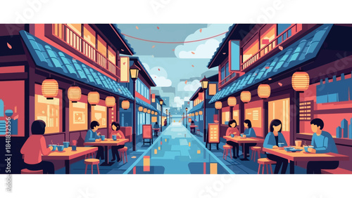 Vibrant animated illustration of a charming traditional Asian street, capturing a bustling evening scene with illuminated lanterns and diners