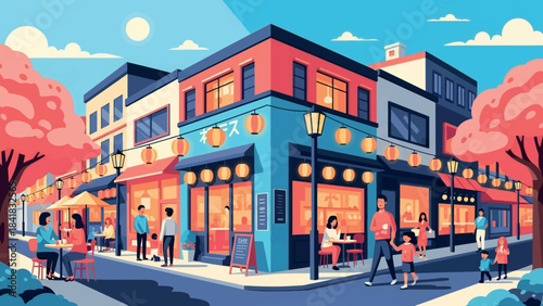 Vibrant city street with colorful shops, outdoor cafes, and blooming cherry blossom trees, capturing a lively urban atmosphere with people enjoying the day