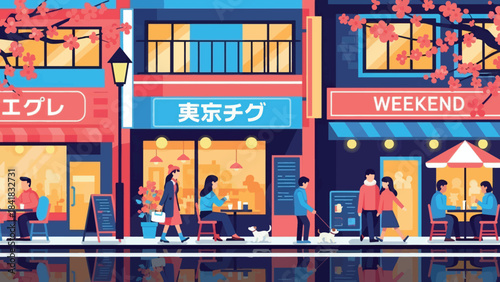Vibrant street scene with people enjoying cafes and shops in a Japanese city during autumn.