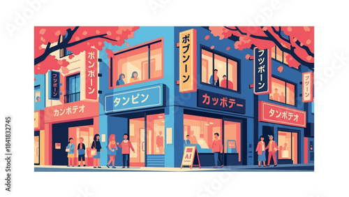 Vibrant illustration of a bustling street corner in Japan during autumn, with people walking and shops displaying Japanese signage.