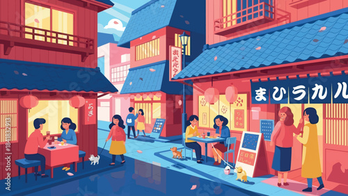Vibrant illustration of a bustling street scene in a Japanese town with people dining and walking.