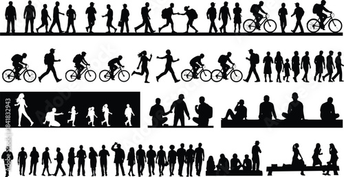 Human silhouette set, walking cycling sitting, black vector icons, social interaction, family activity, urban lifestyle, posture mix, motion
